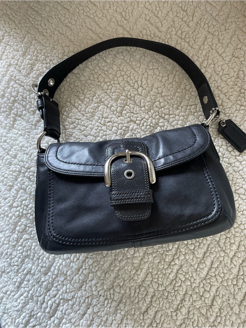 Coach VINTAGE F13105 Black Leather FlapShoulder Bag with Silver Buckle